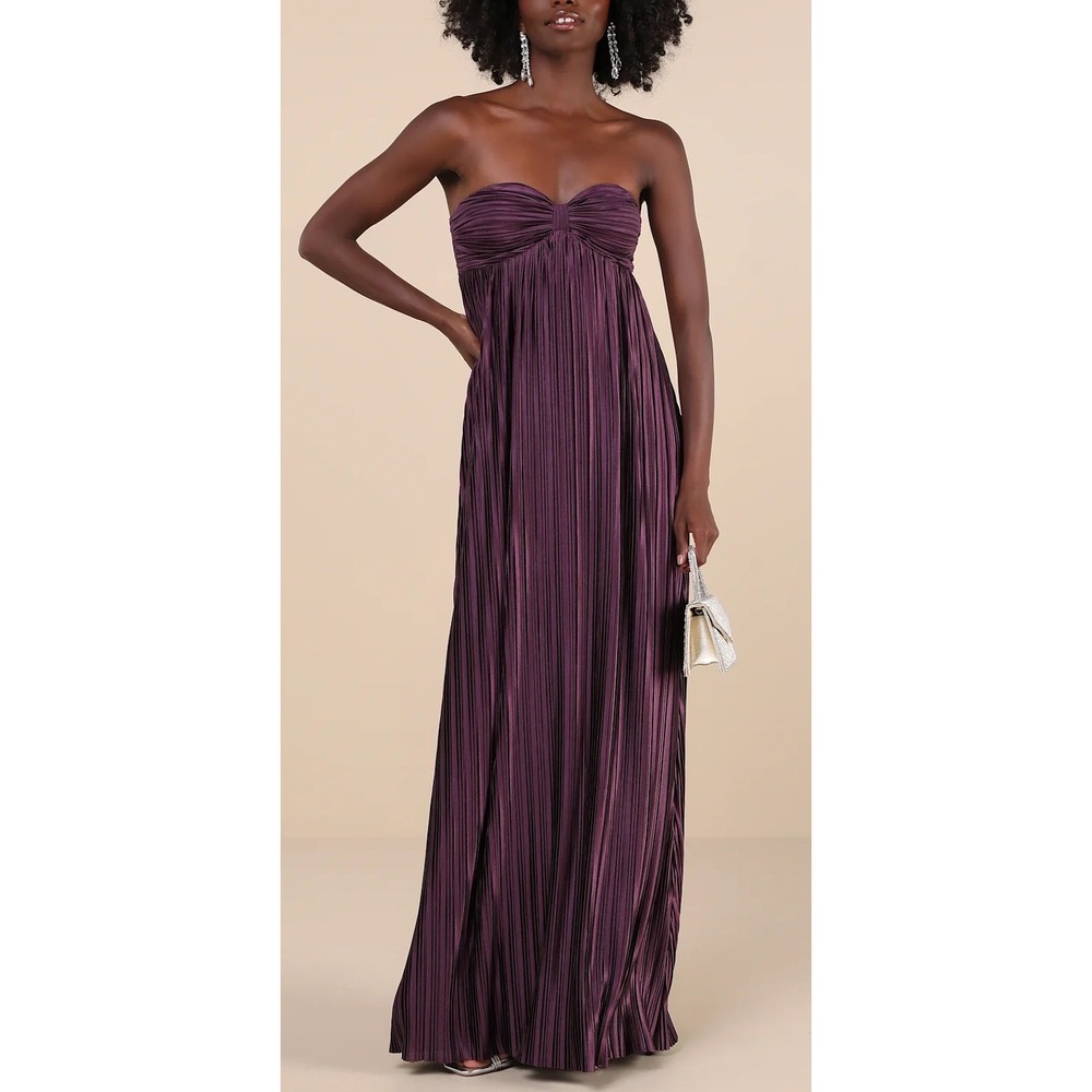 NWOT Lulus Whimsical Beauty Dark Purple Satin Plisse Strapless Maxi Dress Size S